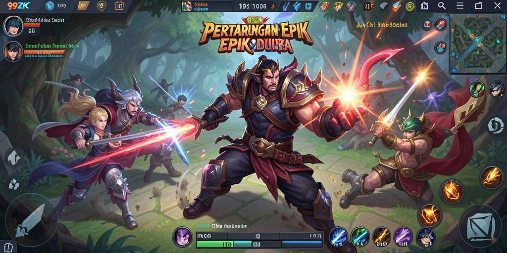 Screenshot gameplay 99ZK yang menunjukkan aksi tim dalam pertempuran.
