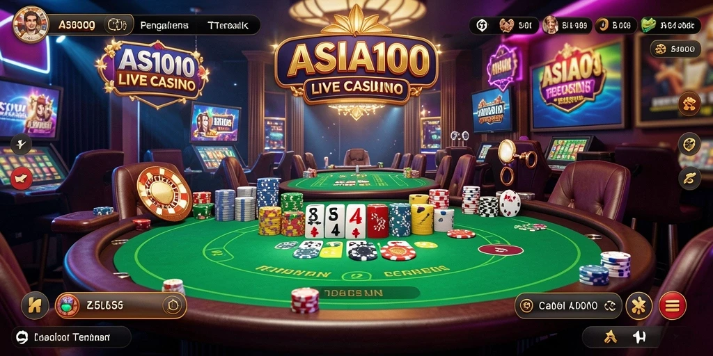 Tangkapan layar gameplay ASIA100 menampilkan dealer Live Casino yang ramah.