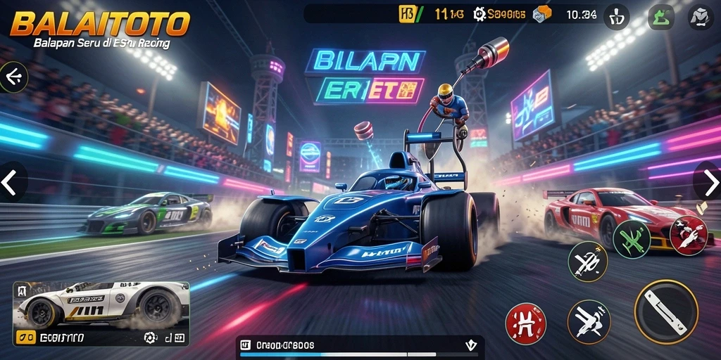 Screenshot utama BALAITOTO menampilkan aksi balapan yang mendebarkan.