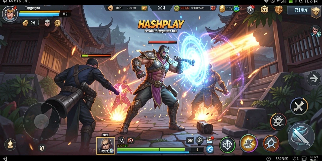 Screenshot utama HASHPLAY menampilkan aksi pertarungan seru dengan karakter yang dinamis.