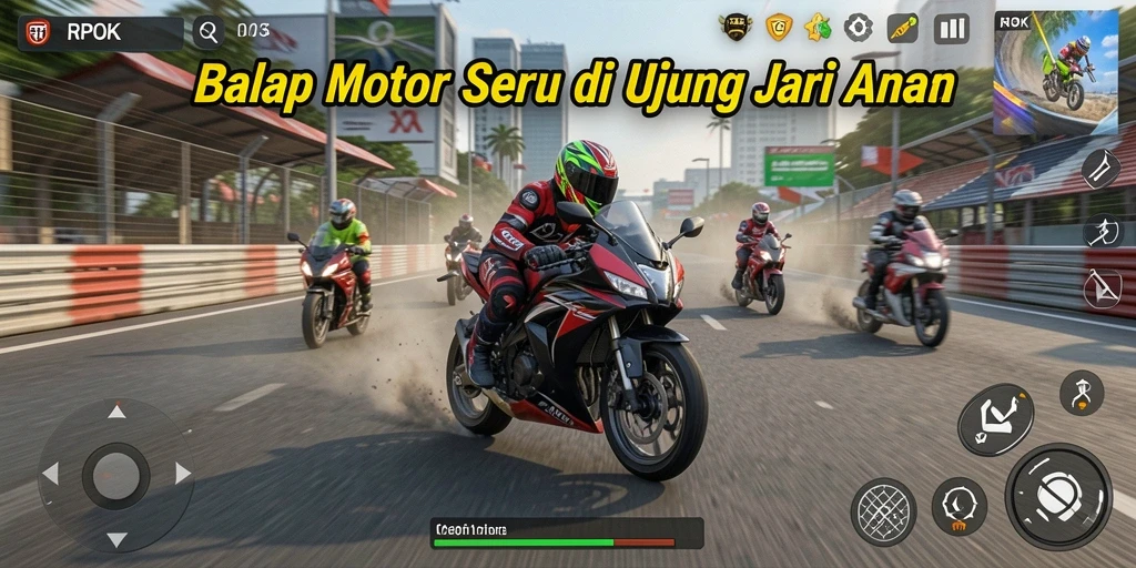 Tampilan seru gameplay RPOK saat balapan motor di lintasan yang menantang.