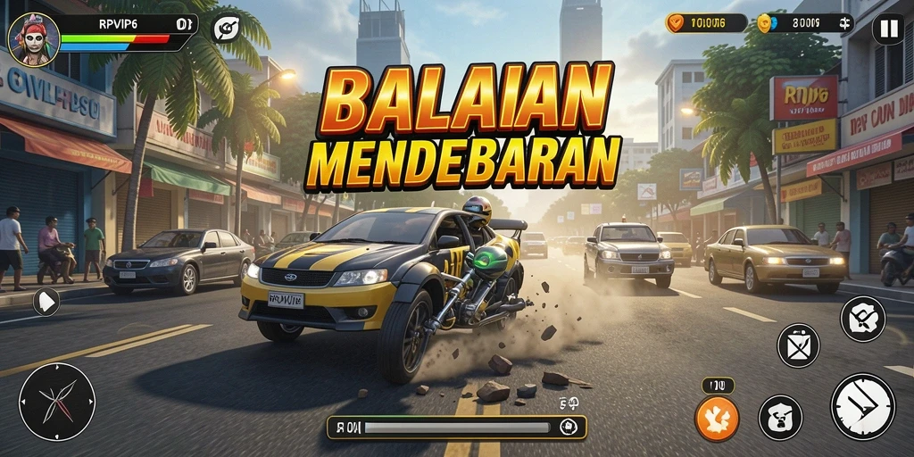 Screenshot gameplay RPVIP6 menunjukkan aksi balap yang mendebarkan.
