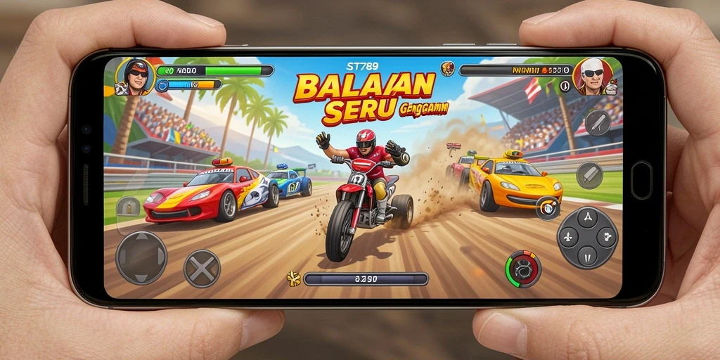 Screenshot utama ST789 menampilkan balapan mendebarkan dengan kendaraan melaju kencang.
